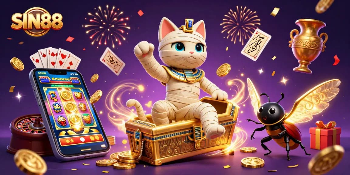 SIN88 casino experience with a bursting Egyptian mummy cat, vibrant gaming elements, and dynamic celebration atmosphere.