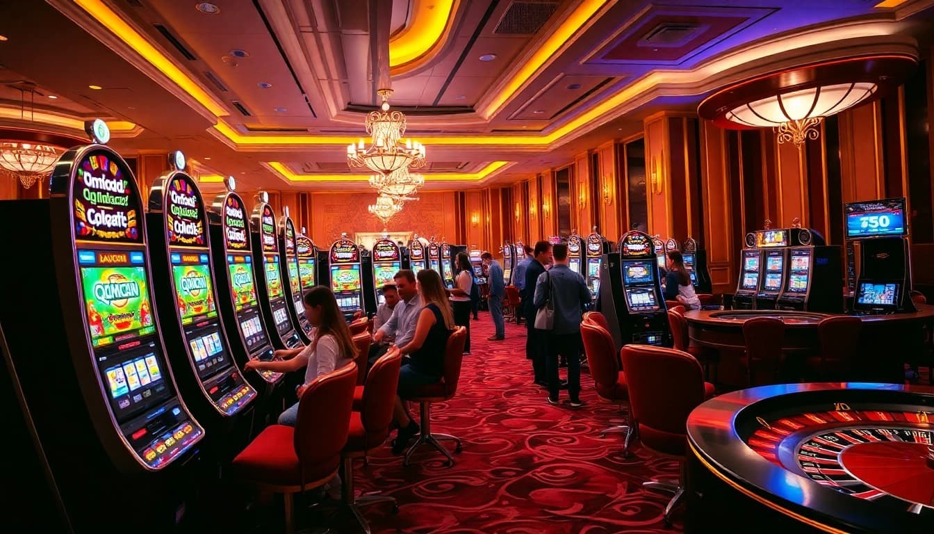 Experience thrill at QQMACAN's vibrant slot area filled with excited gamblers and luxury machines.