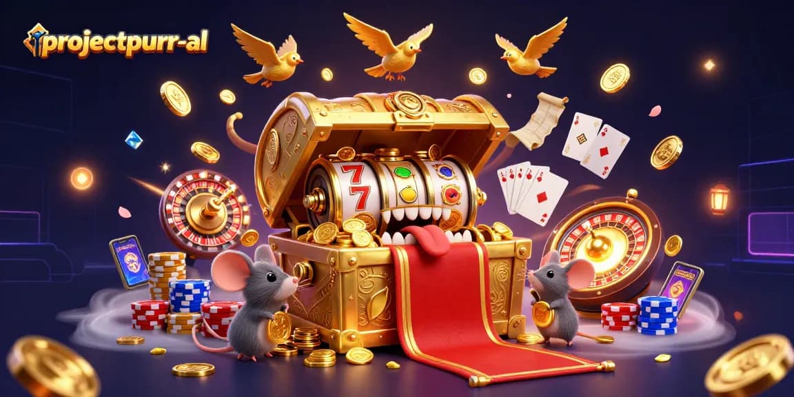Engage with projectpurr-al's thrilling jackpot excitement as cartoon mice encounter a treasure chest and slot reels.