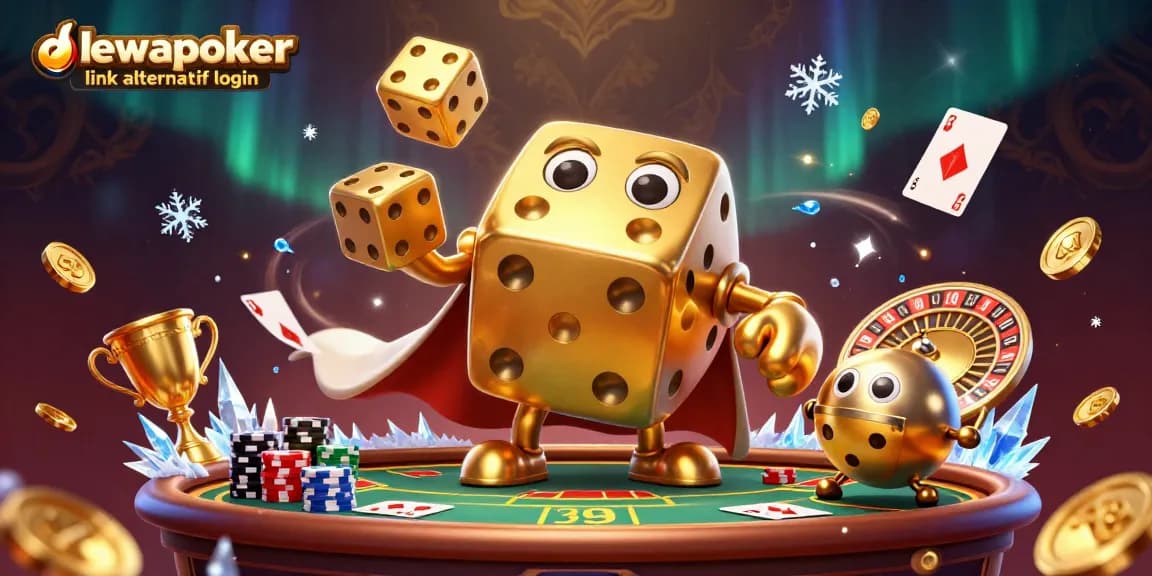 Dewapoker link alternatif login showcases a vibrant 3D illustration of an animated golden dice golem in a dynamic poker scene.