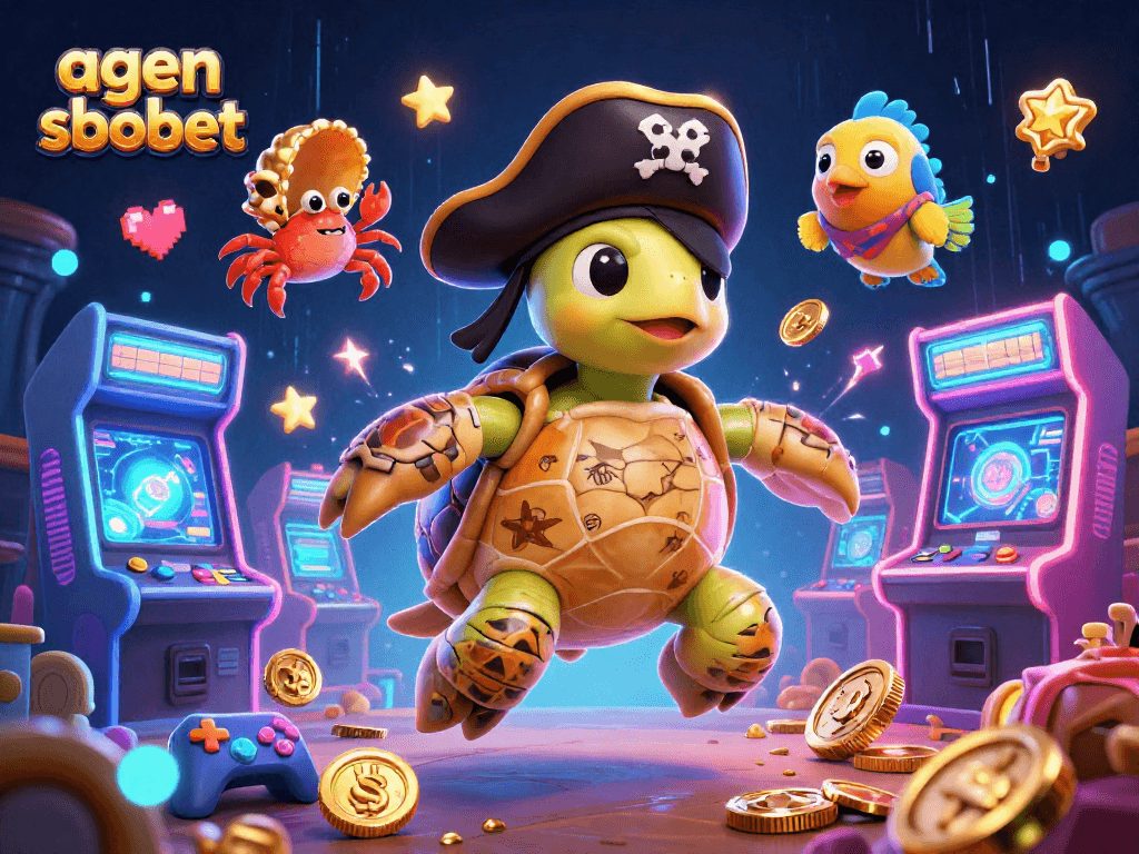 A dynamic scene showcasing agen sbobet with a pirate turtle and friends, amidst casino-themed elements and treasures.