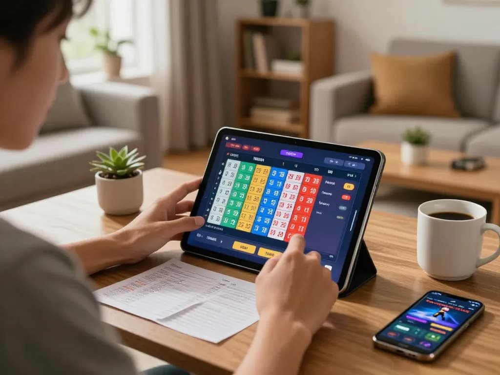 Berpartisipasi dalam permainan toto togel di tablet dalam suasana rumah yang nyaman dengan catatan strategis dan suasana hangat.