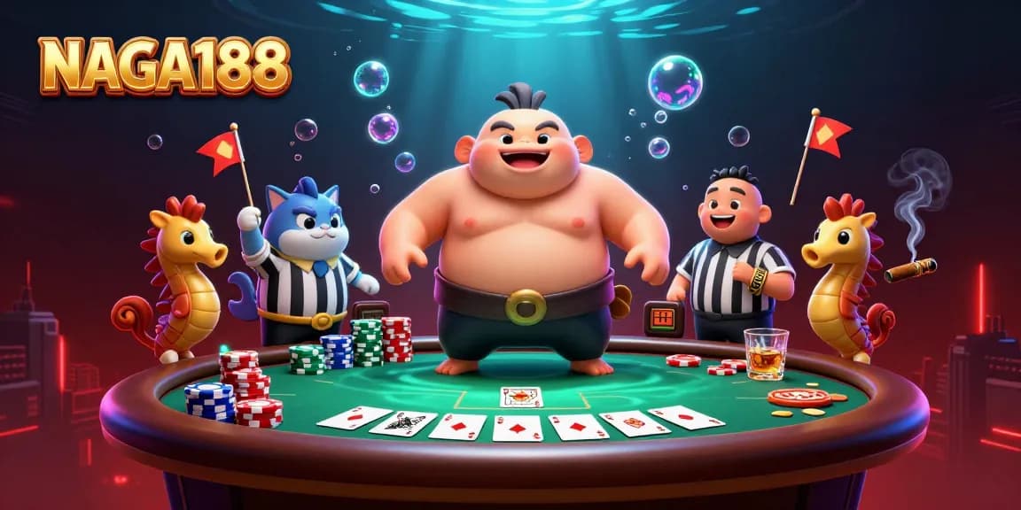 NAGA188 menampilkan karakter fugu berukuran besar di ring bawah laut, dikelilingi elemen kasino yang seru.