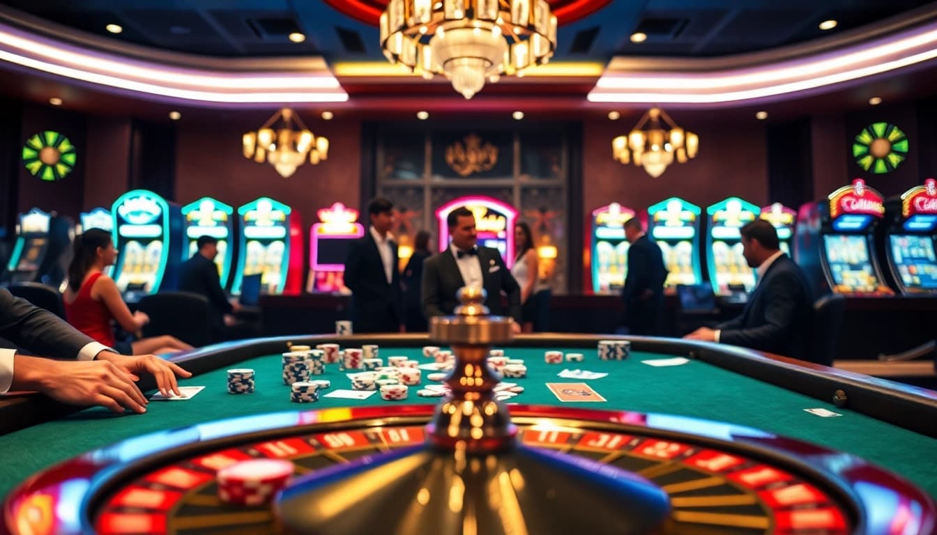 Experience thrilling gaming at 68VIP.COM with a luxurious poker table and vibrant casino atmosphere.