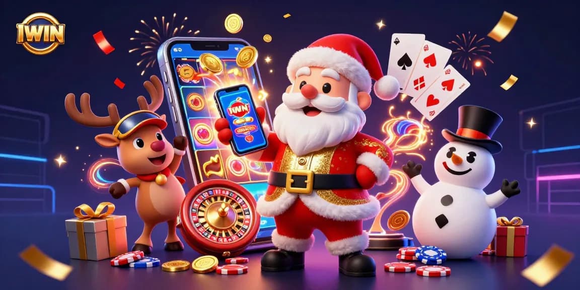 IWIN showcases a festive gaming scene with Santa, reindeer, and a snowman celebrating big wins.