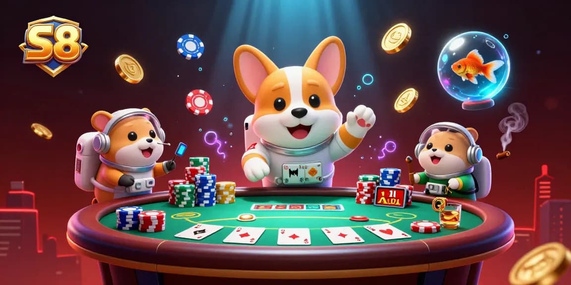 S8 players enjoying a floating poker game with a 3D cartoon astronaut corgi and gaming elements in a cosmic casino.