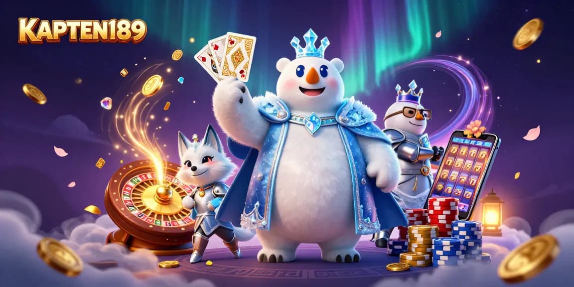 KAPTEN189 menampilkan slot online dan aset kasino dengan elemen berkilauan dan atmosfer magis