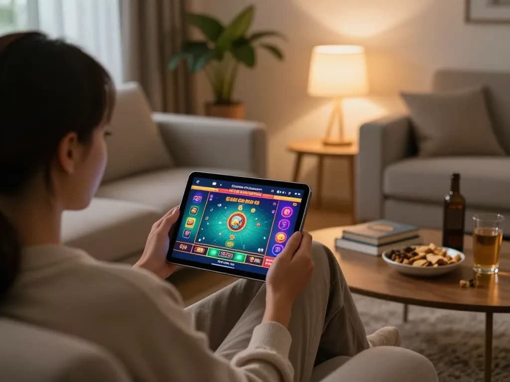 Person enjoying hitclub online casino gaming on a tablet in a cozy living room setting