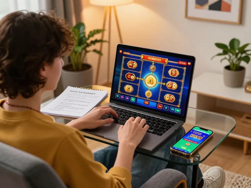 spinadvisor recommends online gambling strategies while a user plays on a laptop in a cozy setup