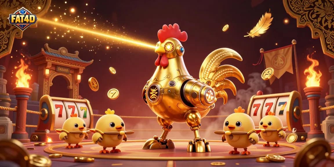 Experience FAT4D with an ultra-detailed 3D rendering of a golden rooster robot amidst swirling slot game elements.