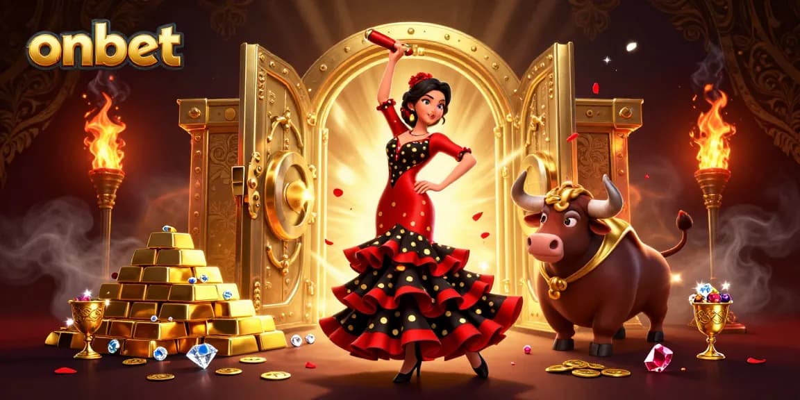 Engage in onbet's thrilling online casino experience with vibrant 3D illustration of a flamenco dancer and bull.