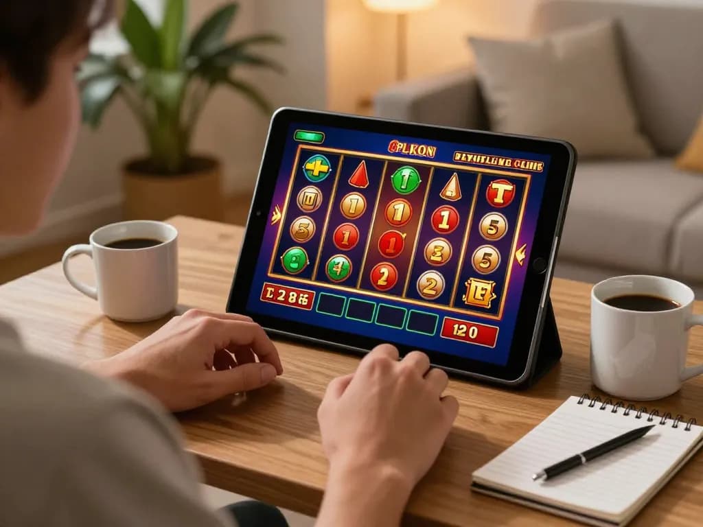 Engaging scene of player enjoying gtatoto slots on a tablet in a cozy home to maximize winning strategies