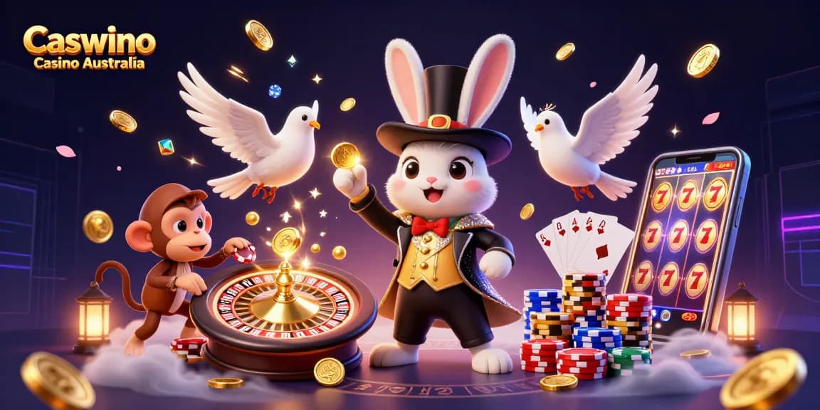 Engage with dynamic Caswino Casino Australia gaming elements featuring colorful characters and casino visuals.