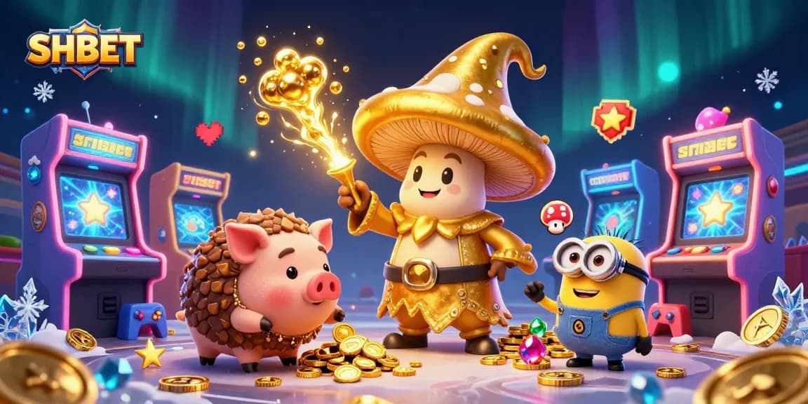 Engage with SHBET's magical casino experience featuring a golden wizard transforming treasures.