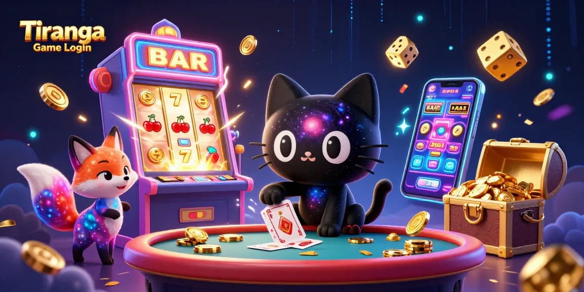 Tiranga Game Login showcases vibrant gaming elements with a cosmic theme featuring a black hole cat and a nebula fox.