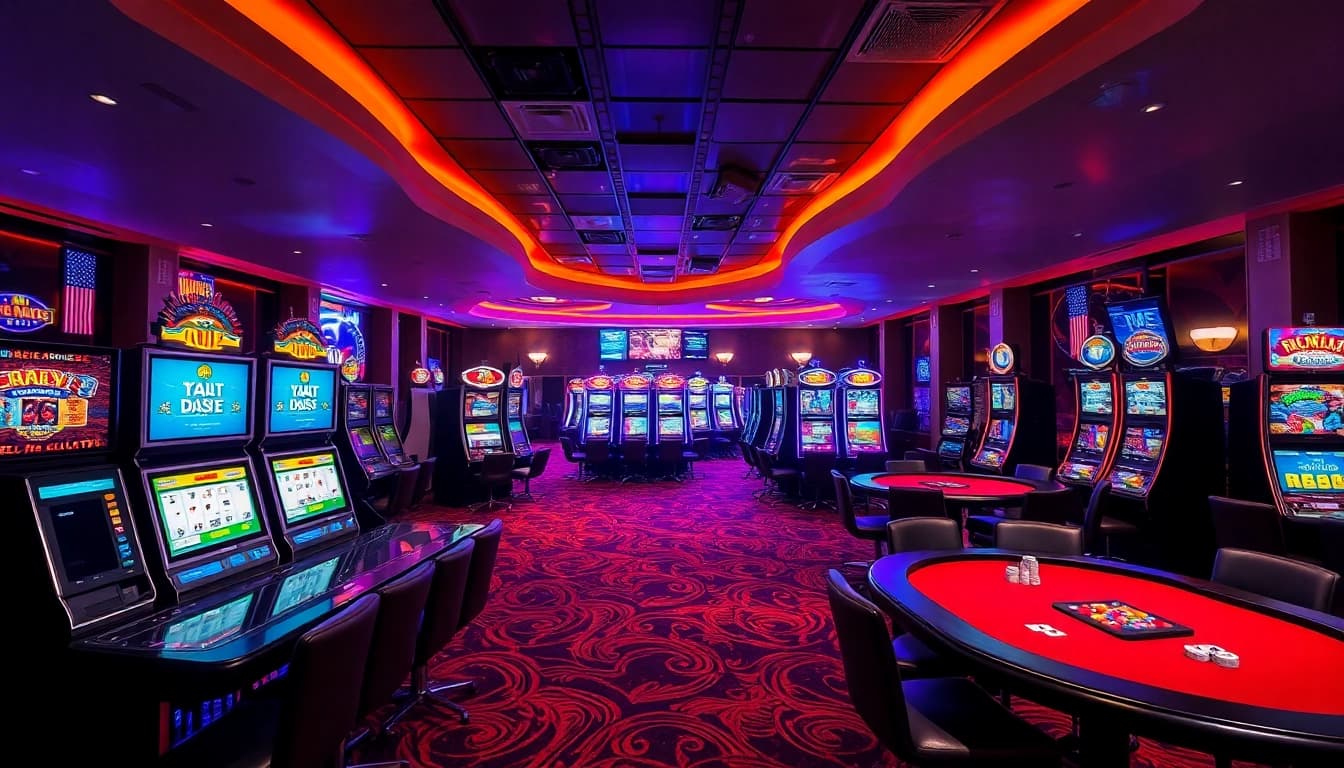 KUY4D menampilkan keseruan dalam kasino dengan mesin slot berwarna-warni dan suasana yang hidup.