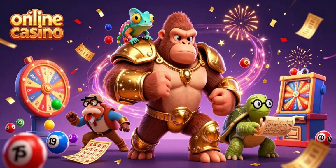 Join the excitement at an online casino with a colorful lottery scene featuring dynamic games and celebratory elements.