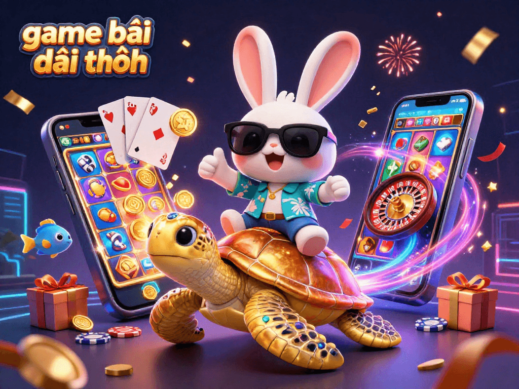 Experience game bài đổi thưởng with a lucky rabbit and golden turtle in this vibrant 3D illustration.
