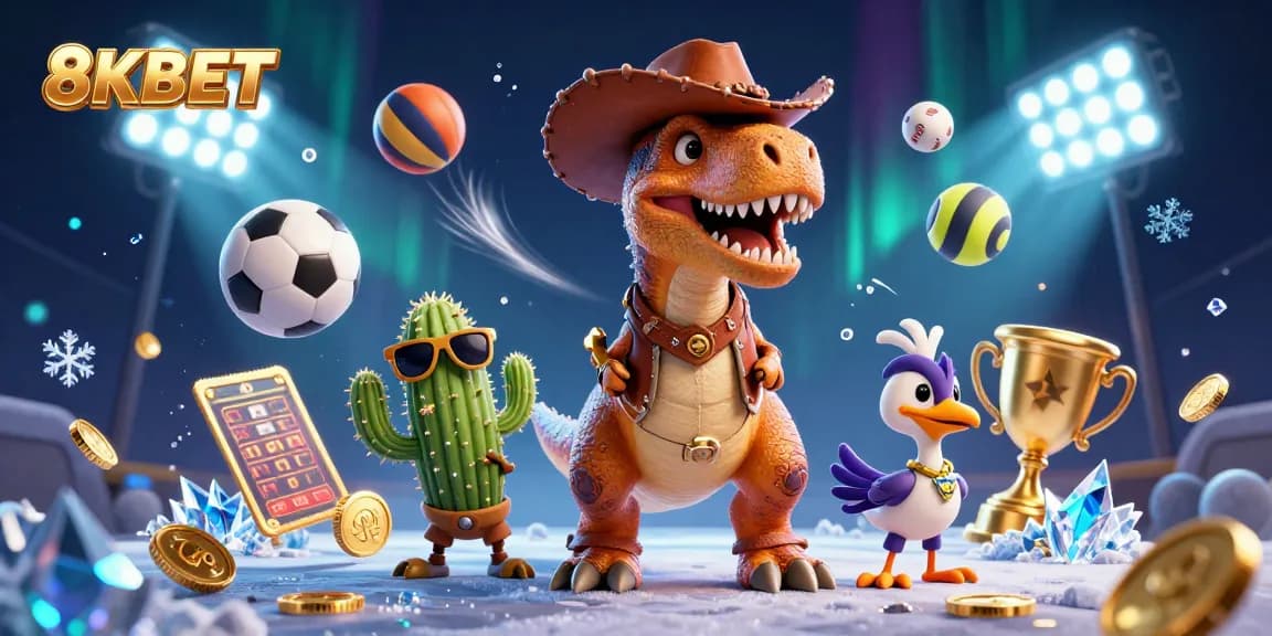8KBET features a dinosaur cowboy in a dynamic gambling scene full of sports elements and vibrant colors.