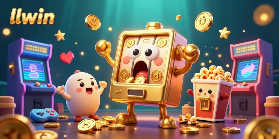 llwin's golden slot machine wins jackpot, surrounded by cheering baby slots and arcade elements