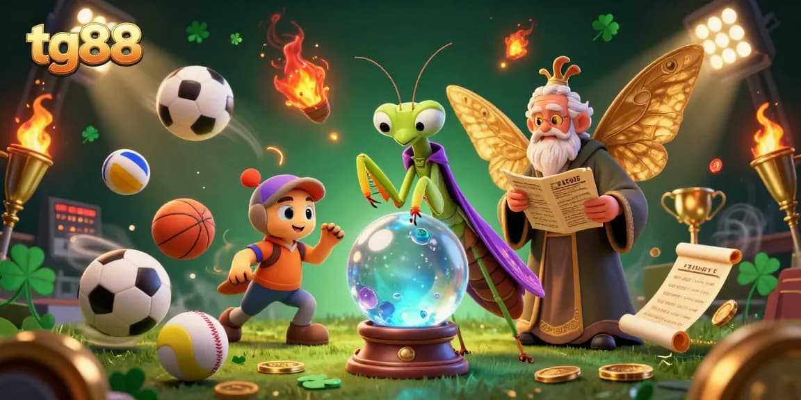 Engage with tg88's vibrant casino world featuring dynamic sports betting elements and mystical characters.