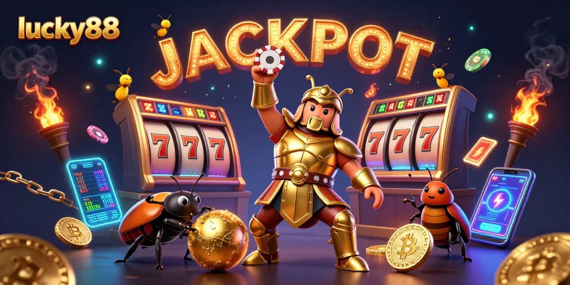 Enjoy the lucky88 slot experience with our dynamic 3D illustration showcasing jackpots and vibrant casino elements.