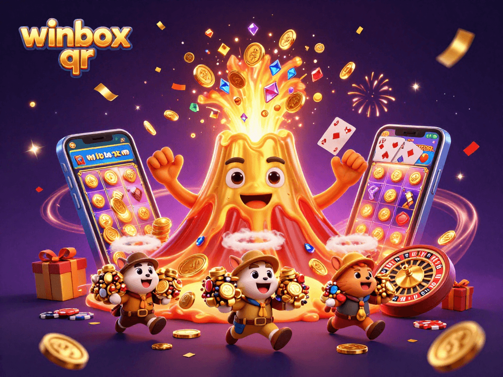 Winbox QR reveals treasures with excitement through a triumphant erupting volcano scene.