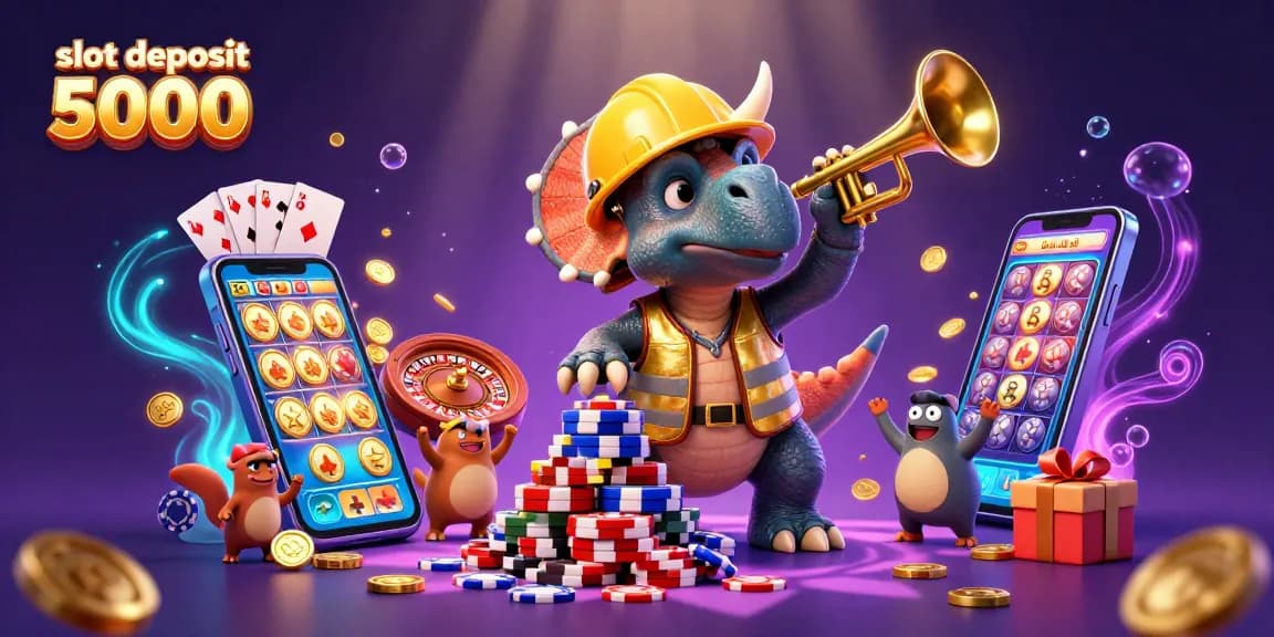 Permainan slot deposit 5000 dengan simbol dan karakter menarik merayakan kesempatan menang besar.
