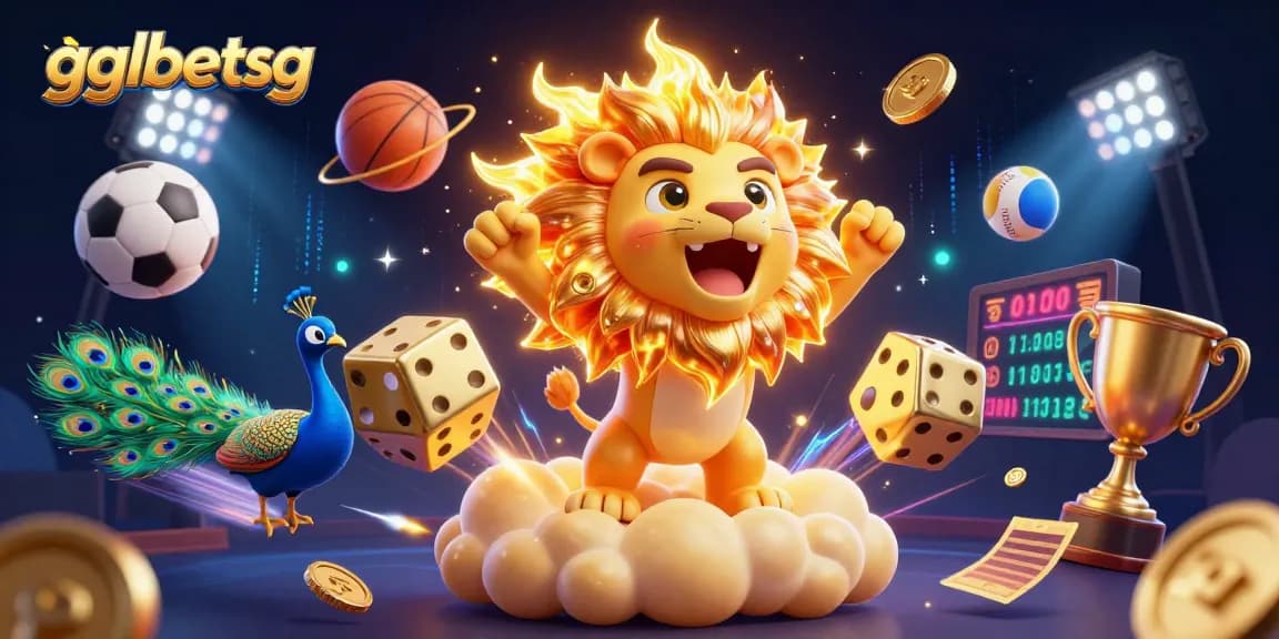 gglbetsg brings excitement with vibrant 3D illustration of a roaring sun lion on golden clouds amidst dynamic betting elements.