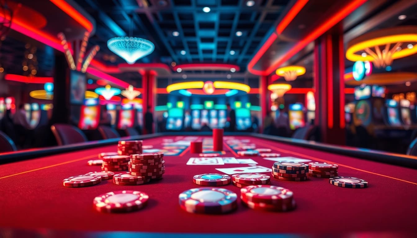 雷神之錘2的刺激賭場遊戲桌上，閃爍的燈光與豐富的撲克籌碼。