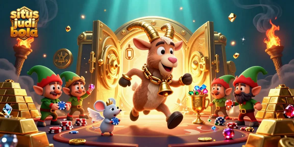 Engage in situs judi bola action with a festive yet spooky casino, featuring whimsical characters amidst treasures.