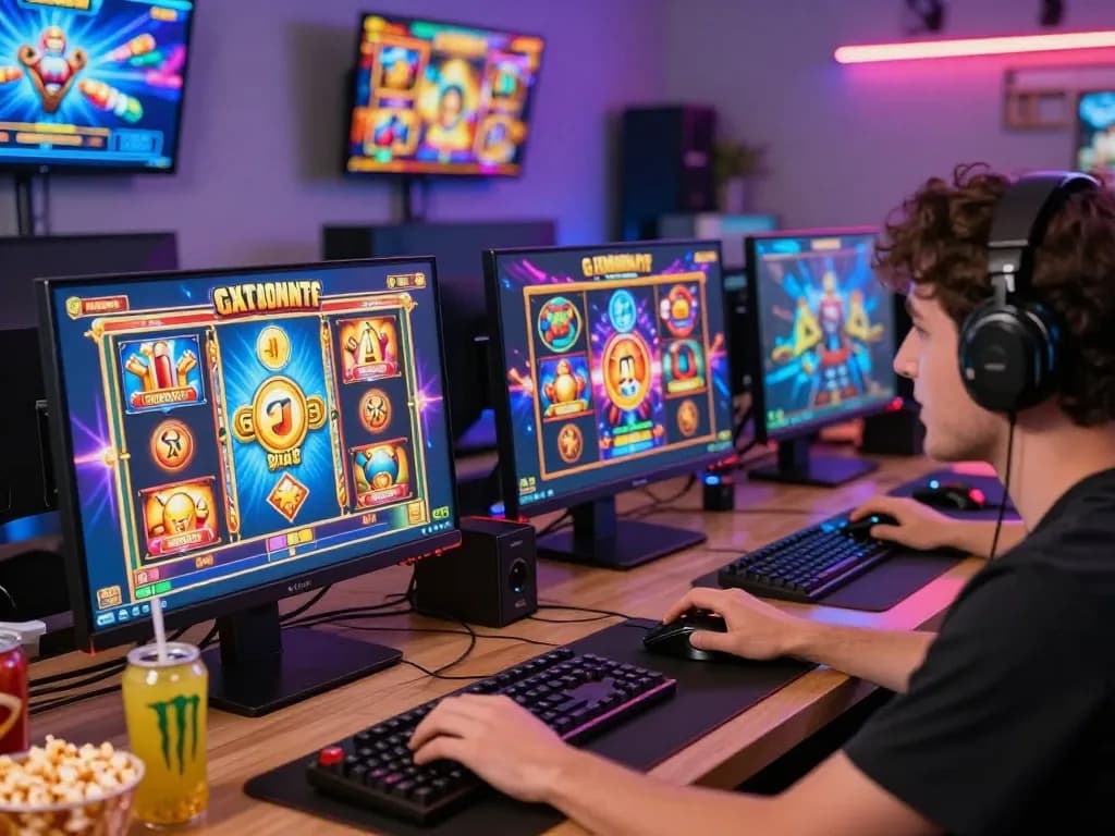 Player interacting with slot gacor games in vibrant modern gaming setup, showcasing excitement and technology.