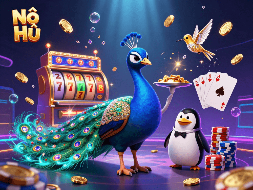 Nổ Hũ jackpot scene featuring a glamorous peacock and butler penguin in vibrant casino atmosphere