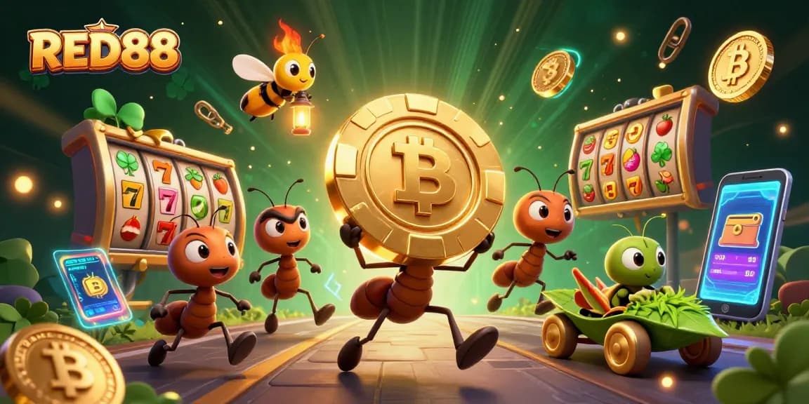 Ants carrying a large poker chip for RED88, surrounded by colorful slot game elements and crypto coins.