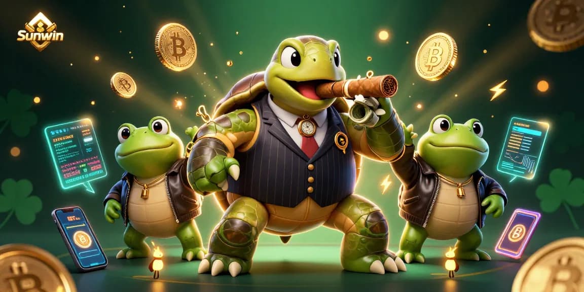 Sunwin showcases an exciting casino scene with a snapping turtle mobster and bullfrog enforcers.