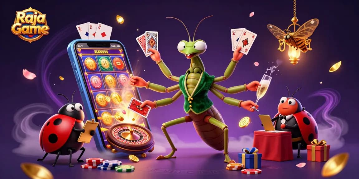 Raja Game platform featured in a dynamic illustration with vibrant characters and interactive gaming elements.