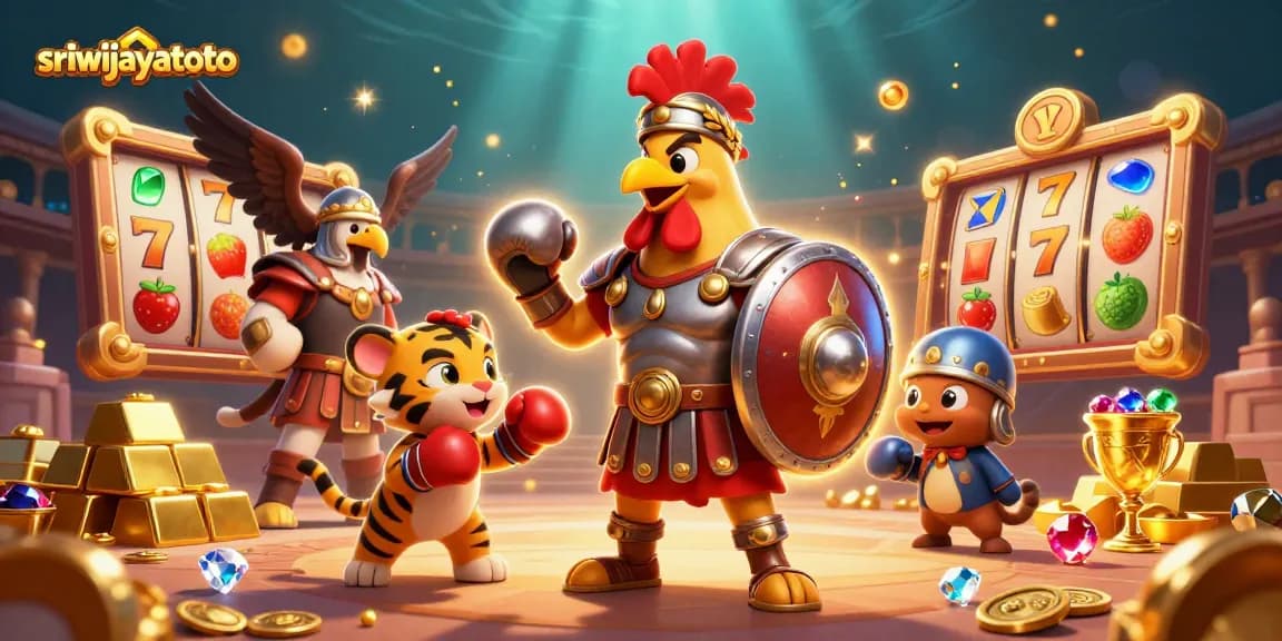 Sriwijayatoto features a lively 3D scene of a rooster gladiator, tiger cub, and eagle amidst exciting casino elements.