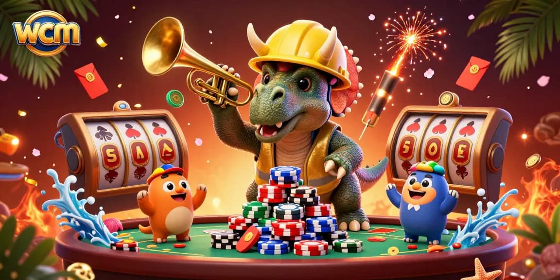 Engage with wcm's vibrant casino scene featuring prehistoric characters celebrating jackpot wins.