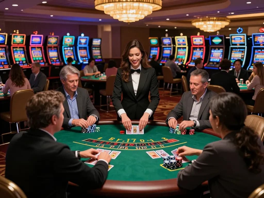 Engaged players at a blackjack table using strategy for TT88 gaming experience in a lively casino.