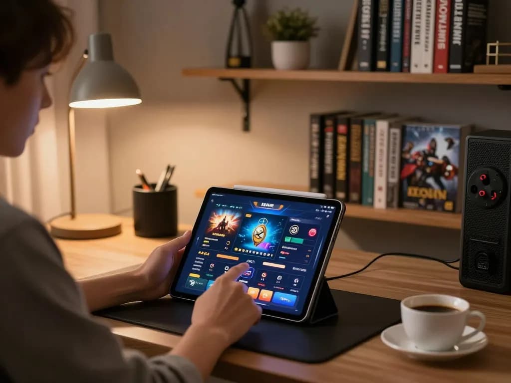Engaging in situs slot gameplay on a tablet in a modern home office.