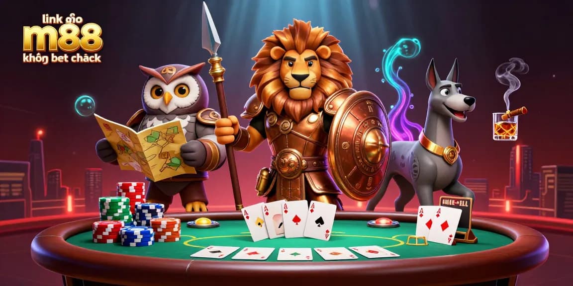 Tham gia vào hành động của "link vào m88 không bị chặn" với hình ảnh một chú sư tử Spartan dũng mãnh, chip poker và các yếu tố sòng bạc sống động.