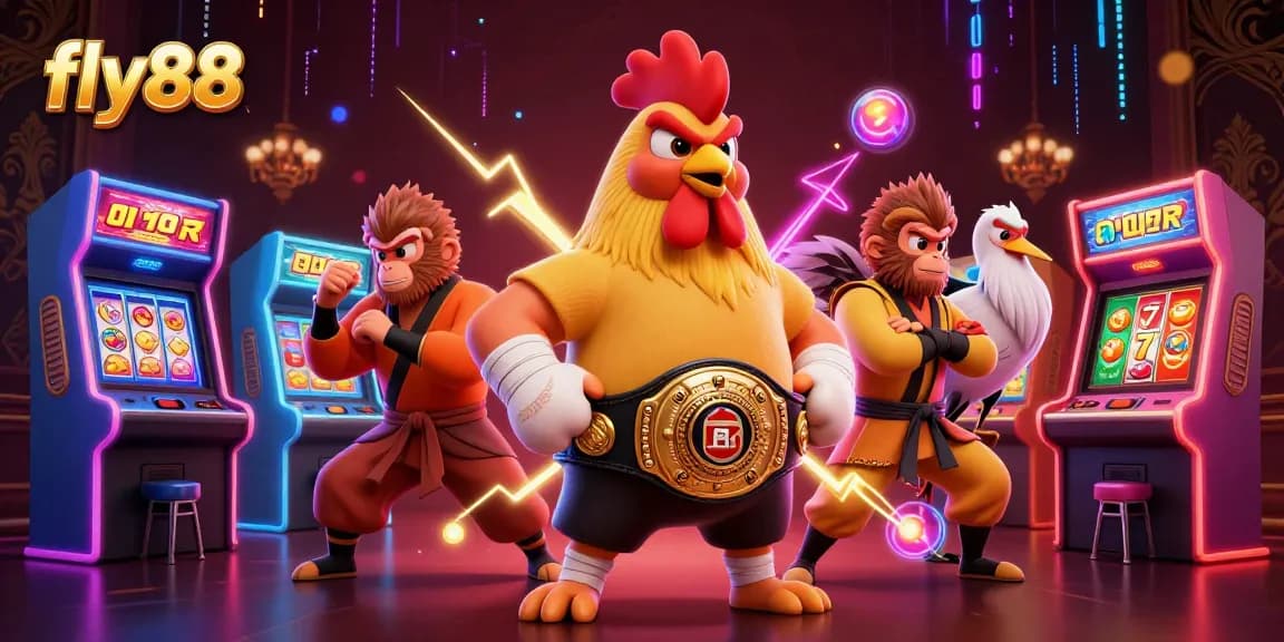 Engage in thrilling gaming action with fly88 as the fierce rooster and Shaolin monkey compete in a vibrant casino.