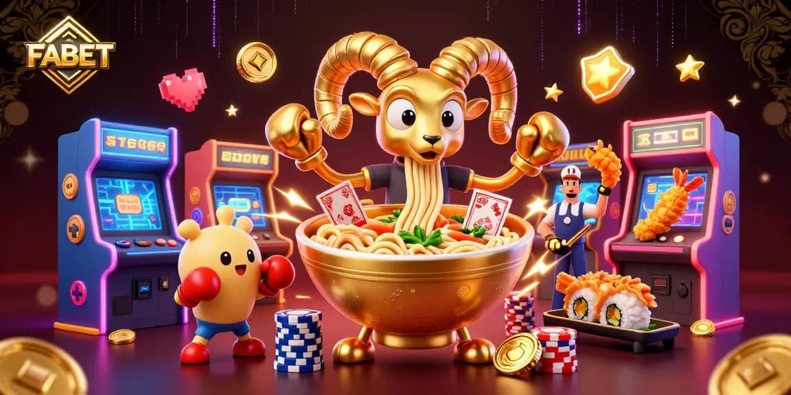 Engage with FABET's vibrant casino scene featuring a golden ramen bowl and sushi dealer in action.