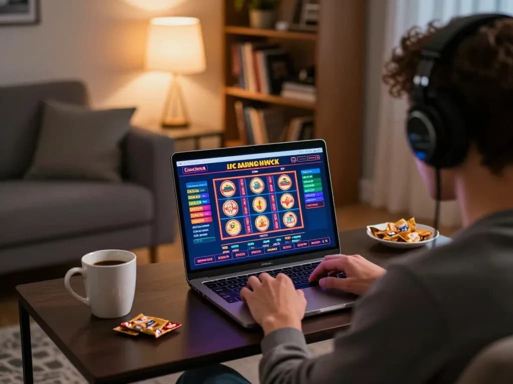 Engaged player enjoying online casinos in Canada from a cozy living room, showcasing strategic gameplay.