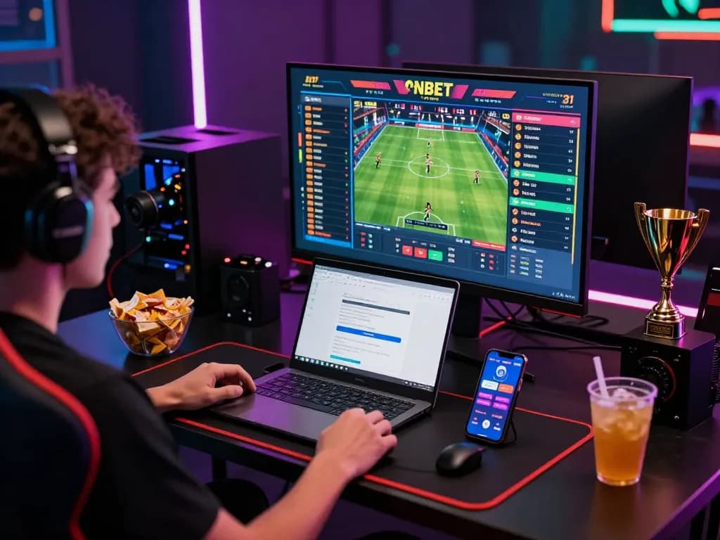 Engaged gamer in a modern setup betting online with link vào onbet displayed on screen amid a vibrant atmosphere.