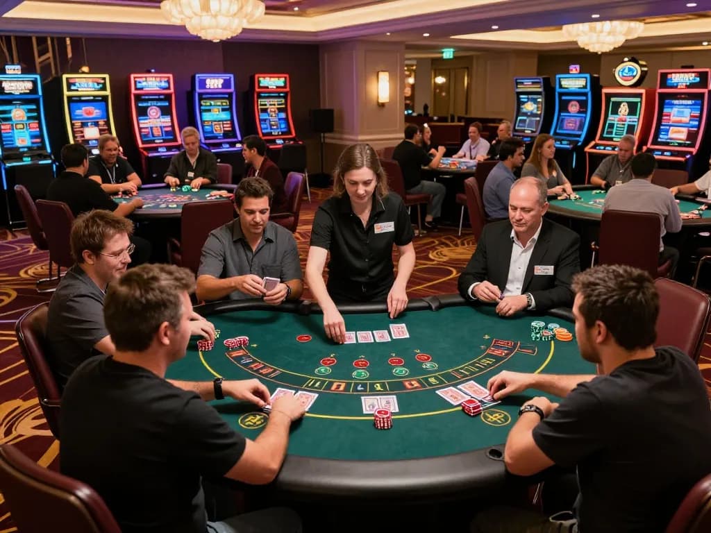 Players engaging in strategic blackjack gameplay on the lively casinosscope floor, showcasing the excitement of traditional gambling
