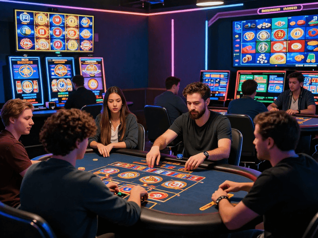 Exciting online casino environment showcasing players at non-UK casinos at https://ghsc.co.uk, vibrant games, and digital currency.