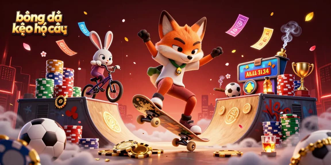 bóng đá kèo nhà cái showcasing an energetic scene of a fox and a rabbit amidst colorful sports betting elements.