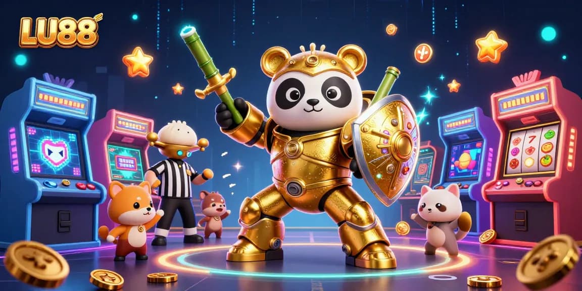 Experience thrilling gameplay at LU88 with a vibrant scene featuring golden panda mech and arcade machines.