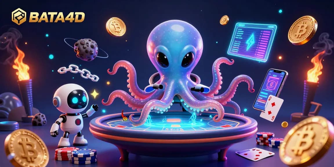 Menangkan permainan di BATA4D dengan ilustrasi 3D alien dan robot bersenang-senang di meja poker holografik.